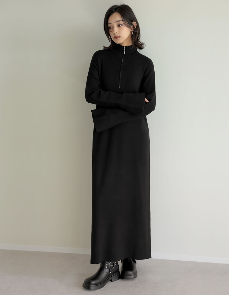 ミラノリブハーフジップニットワンピース