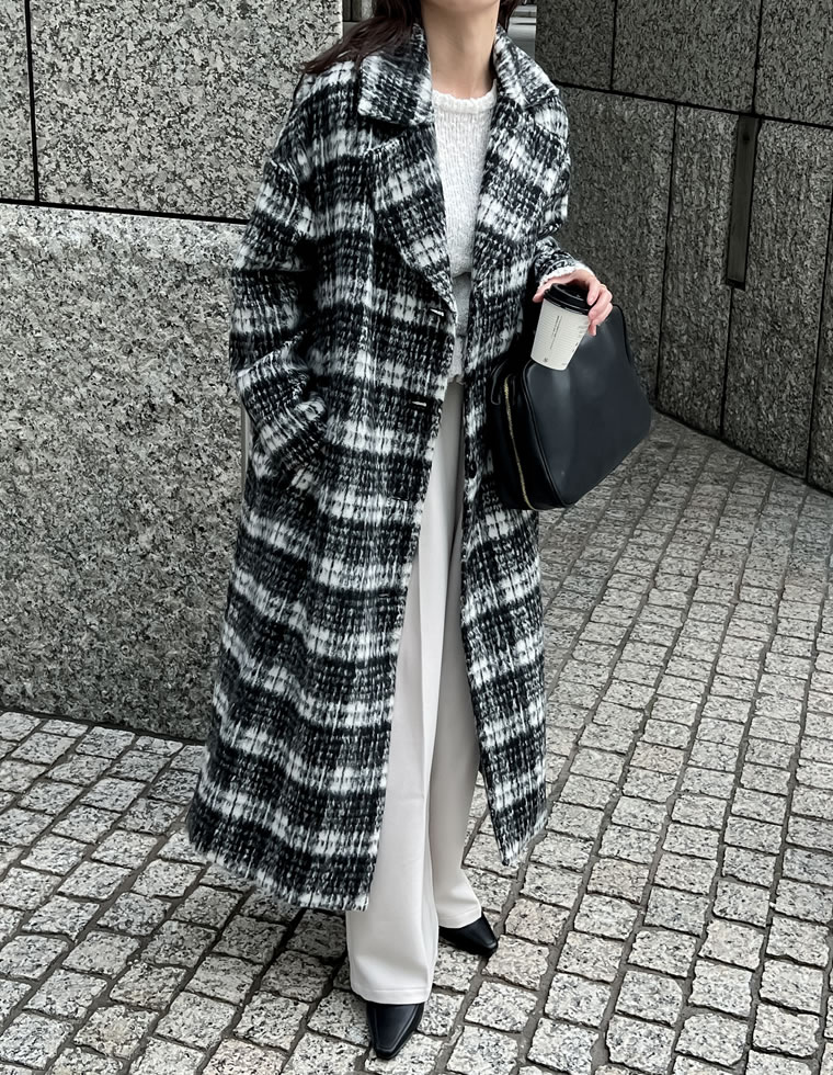 起毛チェック柄ロングチェスタ