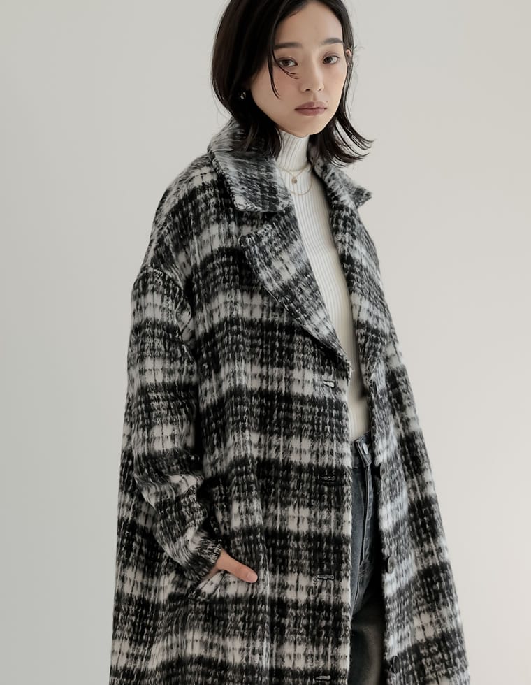 起毛チェック柄ロングチェスタ