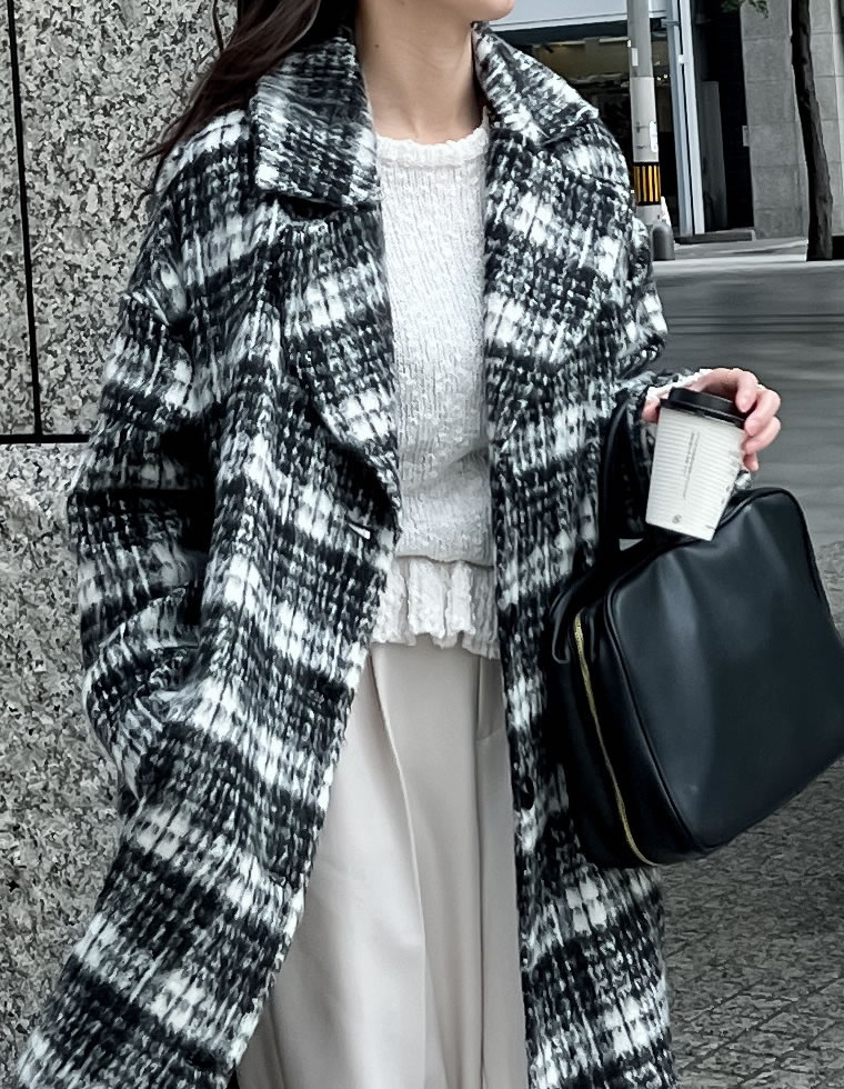 起毛チェック柄ロングチェスタ