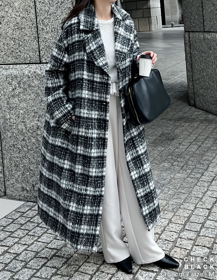 起毛チェック柄ロングチェスタ