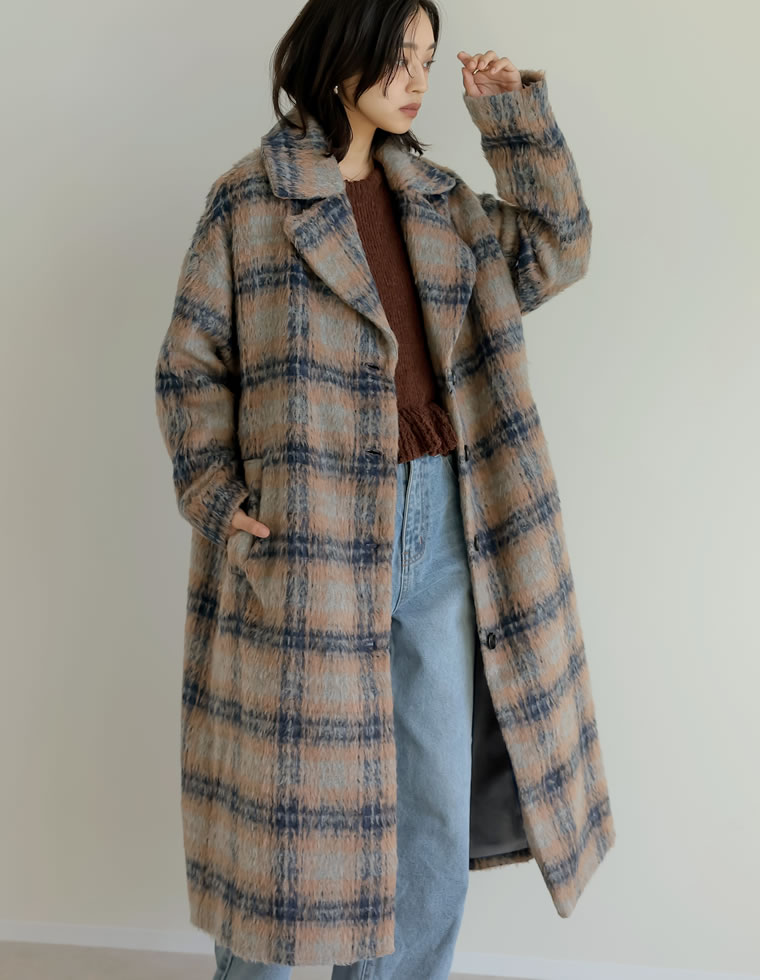 起毛チェック柄ロングチェスタ