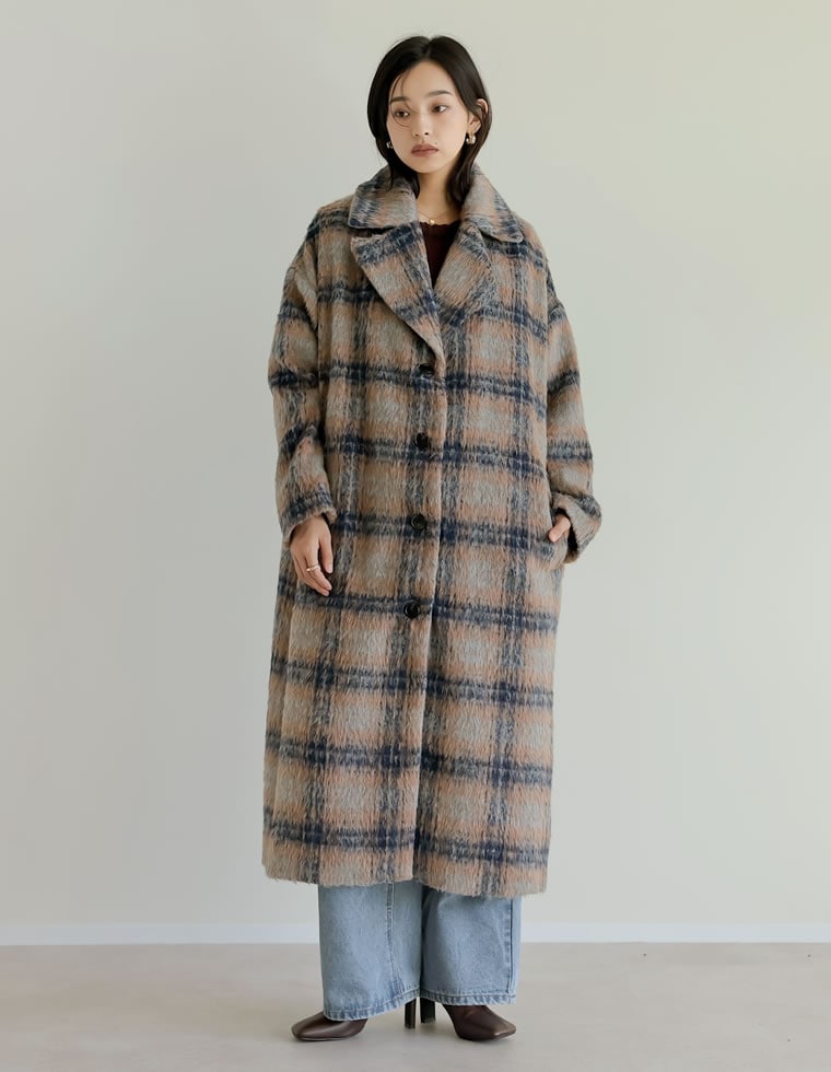 起毛チェック柄ロングチェスタ