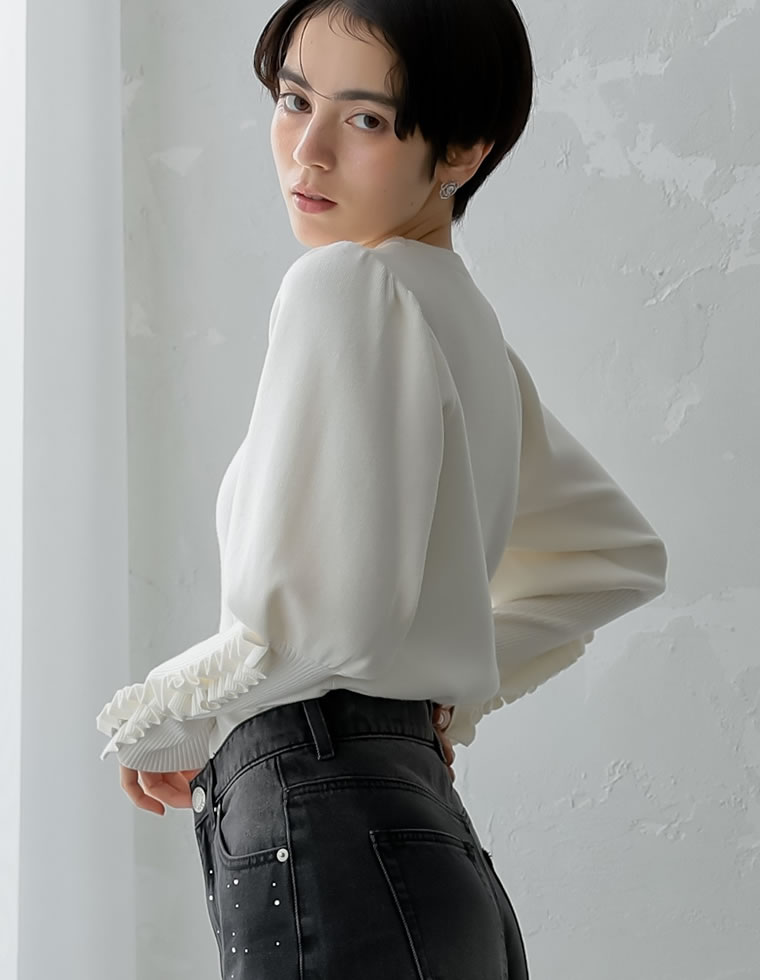 PBT袖フリルスリーブニットトップス