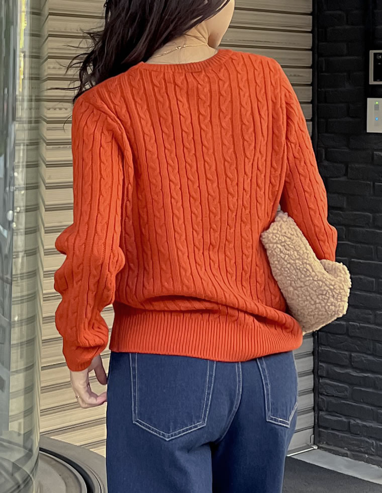 ワンポイント刺繍ケーブルニットトップス