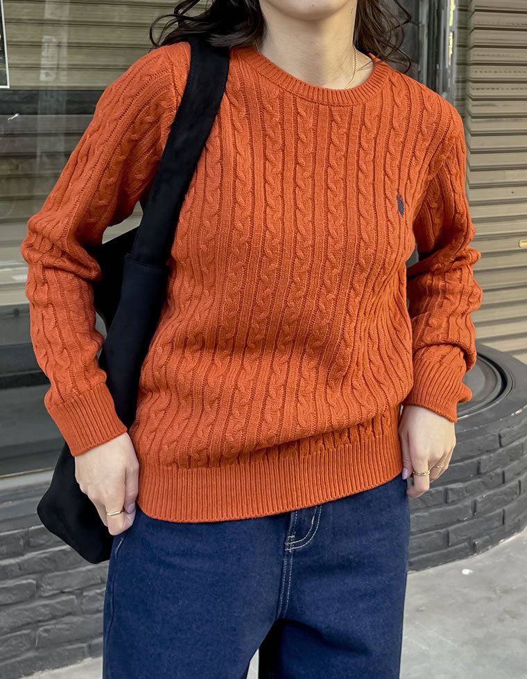 ワンポイント刺繍ケーブルニットトップス