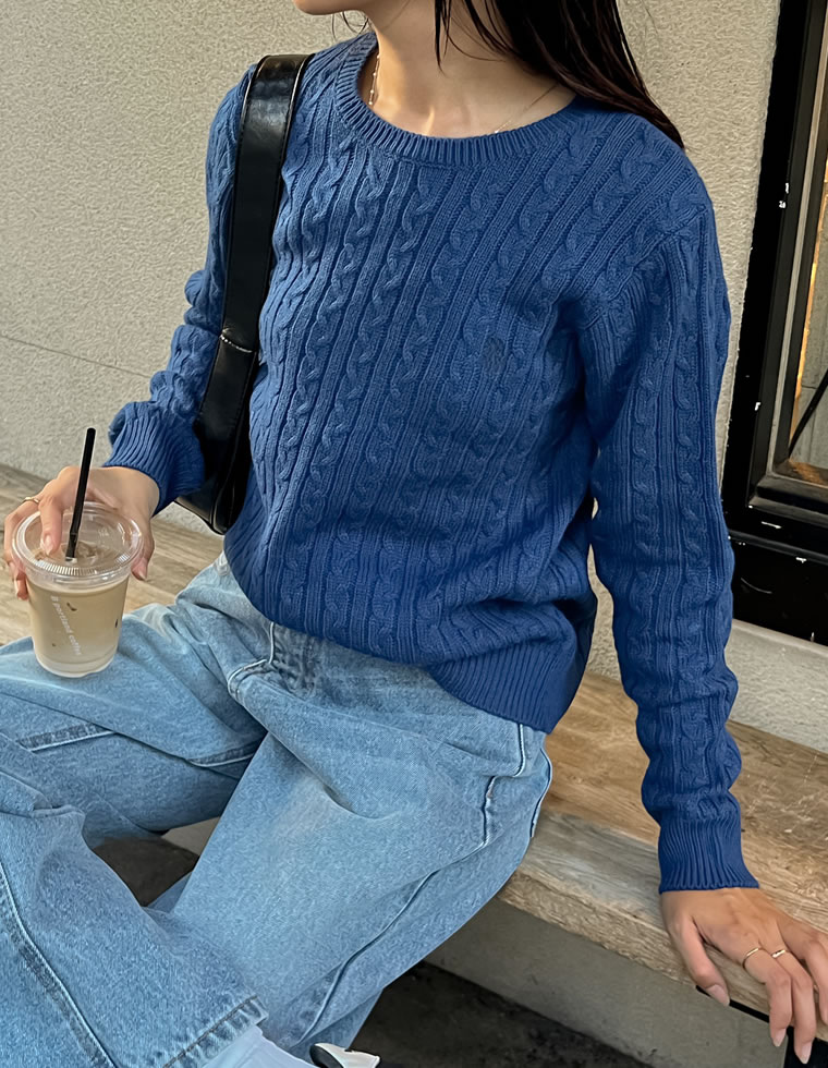 ワンポイント刺繍ケーブルニットトップス