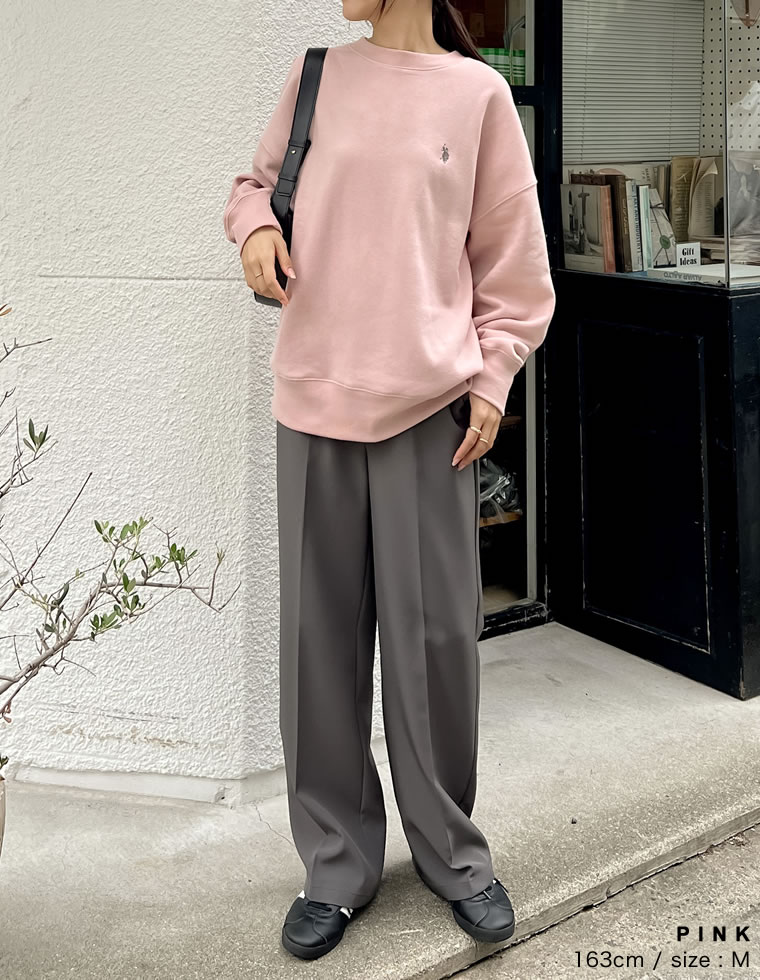 ワンポイント刺繍ピーチ裏起毛スウェット