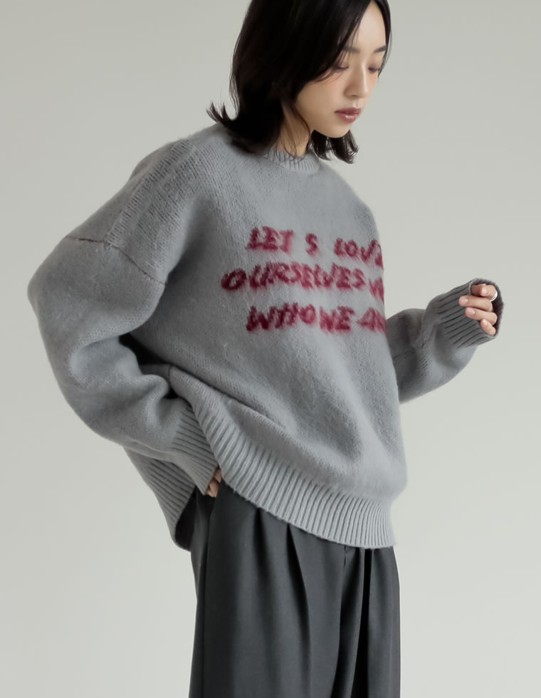 配色メッセージロゴシャギーニットトップス