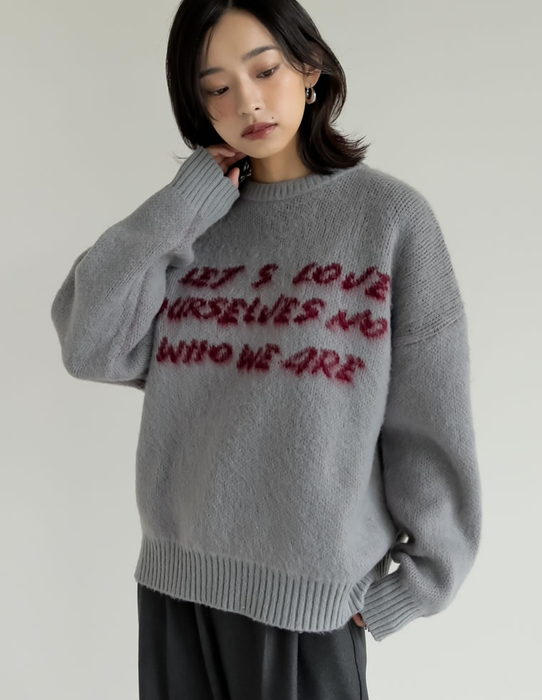 配色メッセージロゴシャギーニットトップス