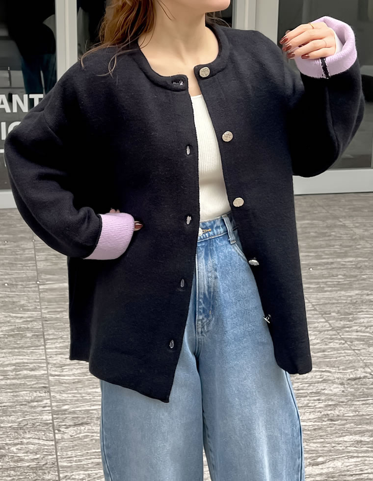 バイカラー金釦起毛ニットコート