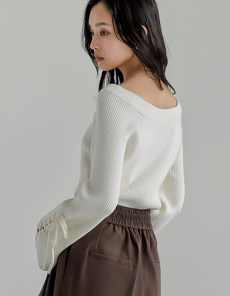 リボンスリーブリブニットトップス