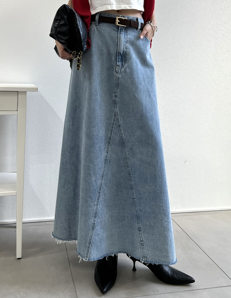 コットンデニムAライン切り替えスカート