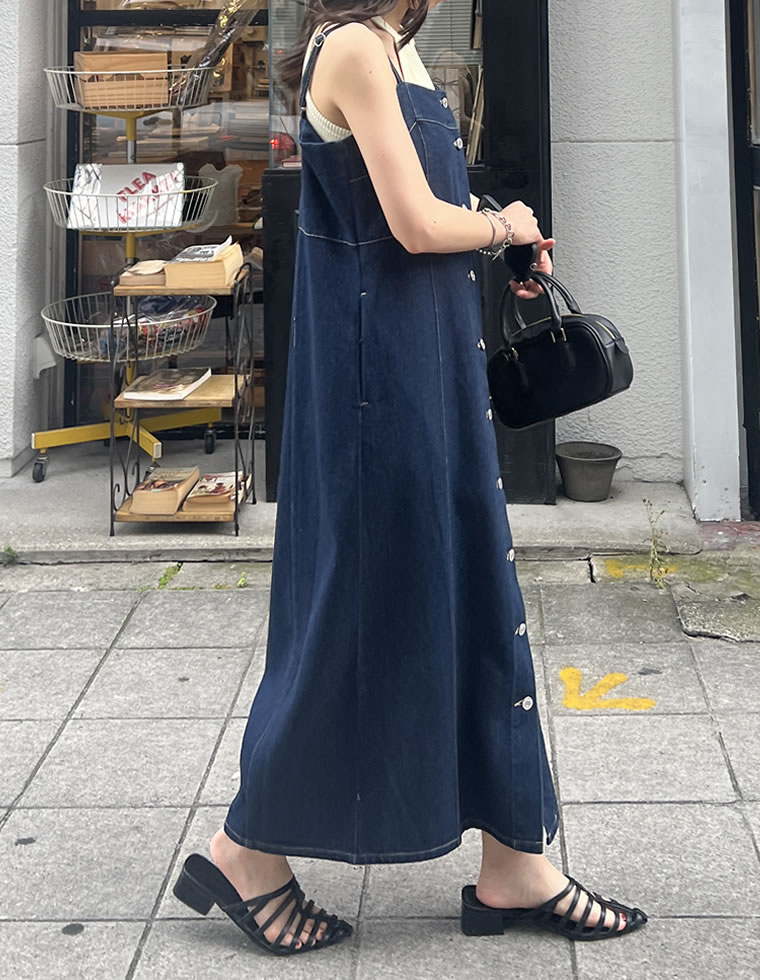 コットンデニムフロントボタンキャミソールワンピース