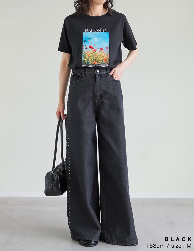 サイドスタッズワイドデニムパンツ