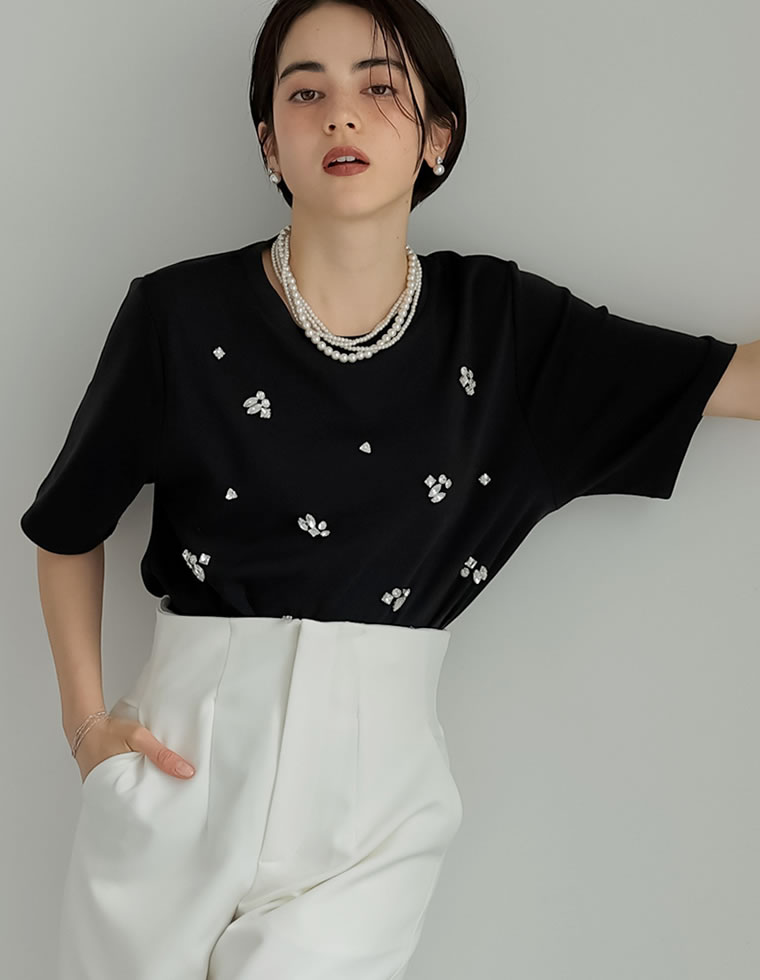 スムースコットンビジューデザインTシャツ