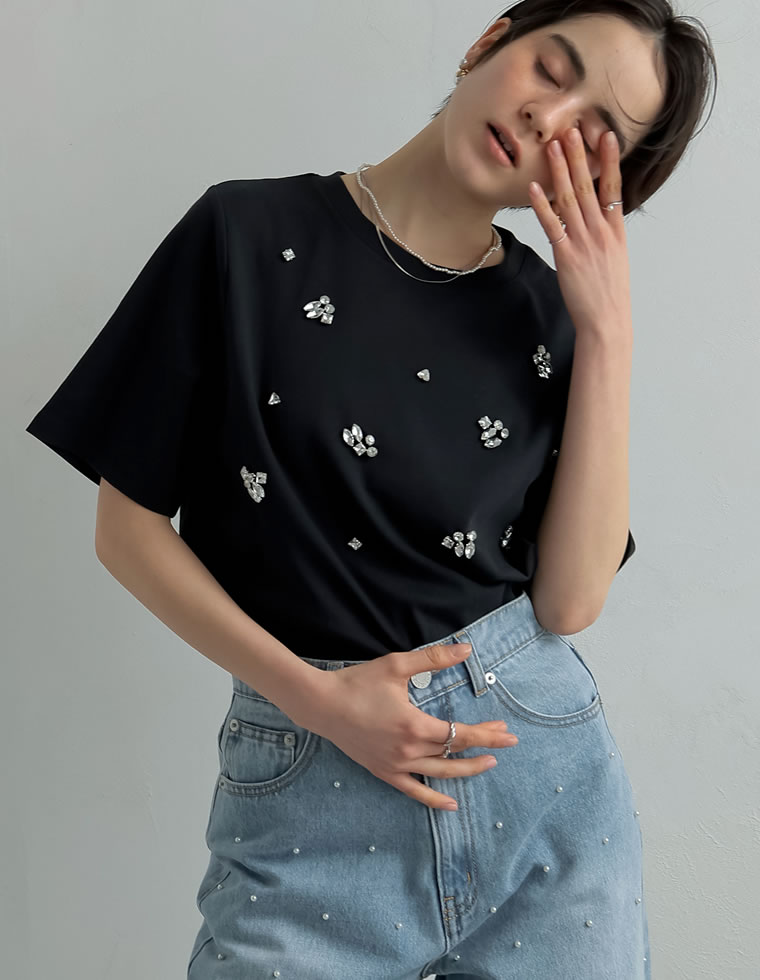 スムースコットンビジューデザインTシャツ