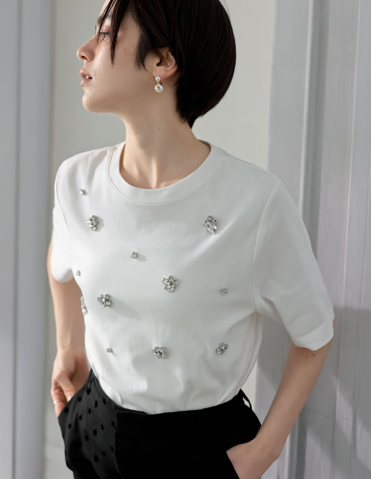スムースコットンビジューデザインTシャツ