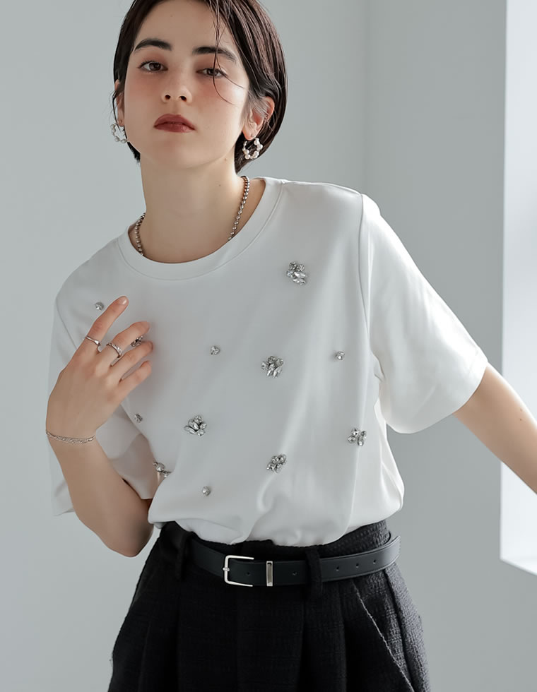 スムースコットンビジューデザインTシャツ