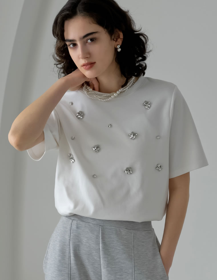 スムースコットンビジューデザインTシャツ