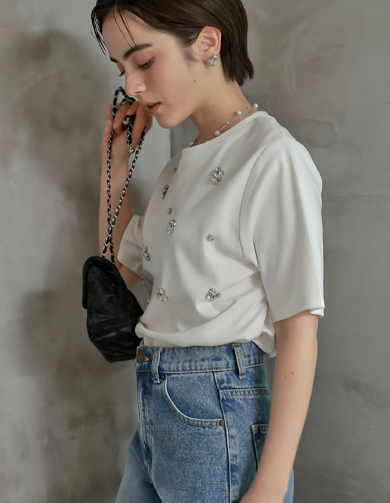 スムースコットンビジューデザインTシャツ