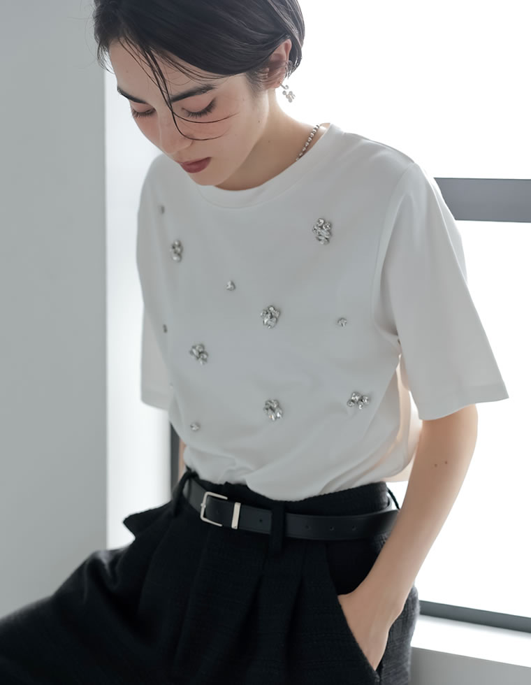 スムースコットンビジューデザインTシャツ