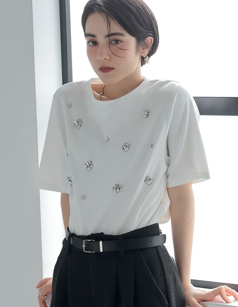 スムースコットンビジューデザインTシャツ