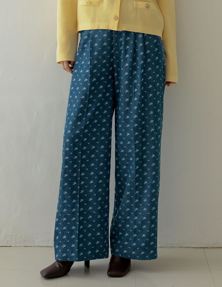フラワー刺繍デニムワイドパンツ