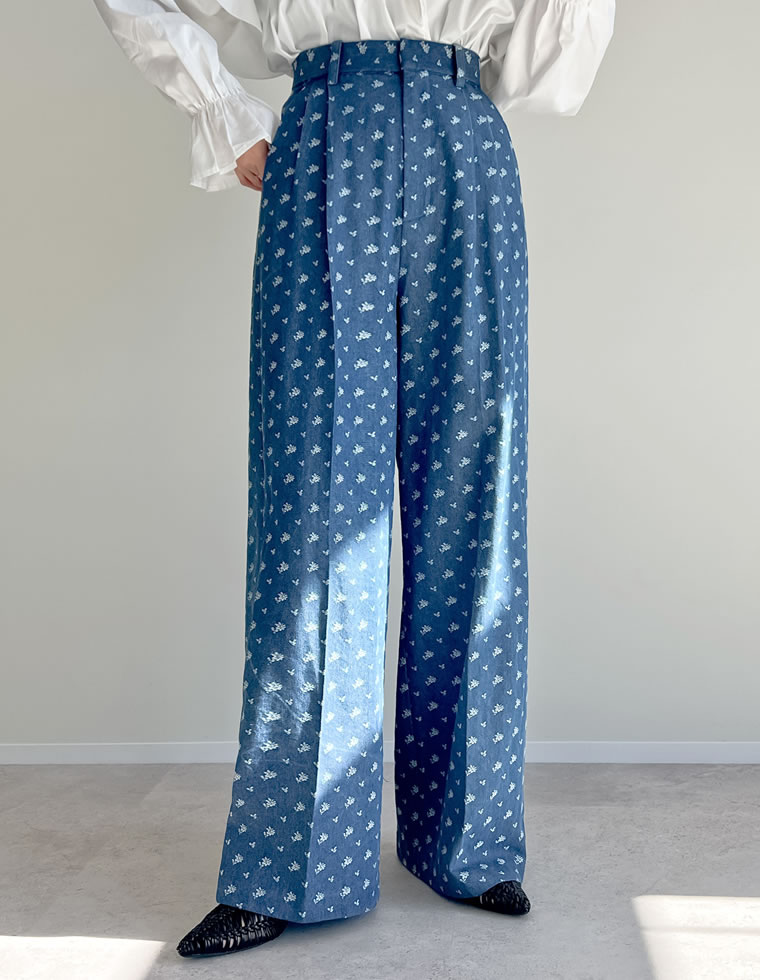 フラワー刺繍デニムワイドパンツ