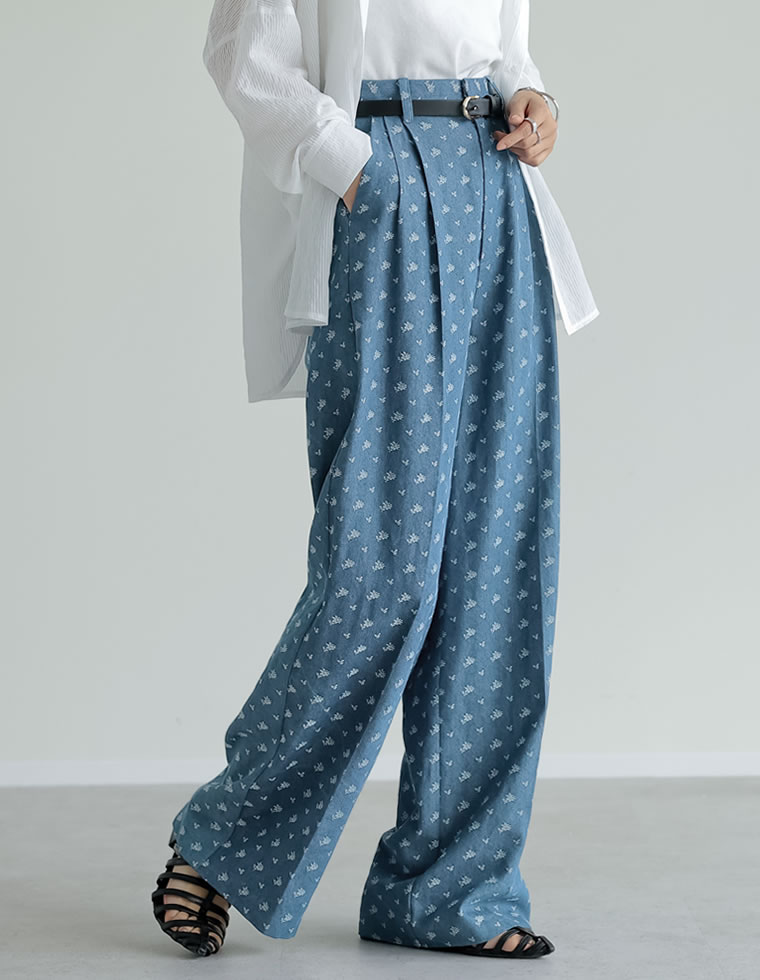 フラワー刺繍デニムワイドパンツ