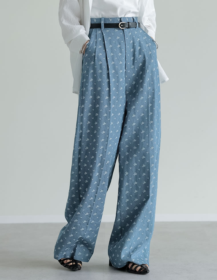 フラワー刺繍デニムワイドパンツ