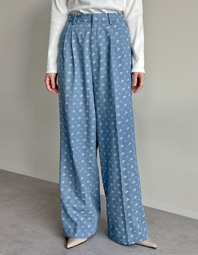 フラワー刺繍デニムワイドパンツ