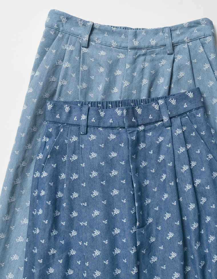 フラワー刺繍デニムワイドパンツ
