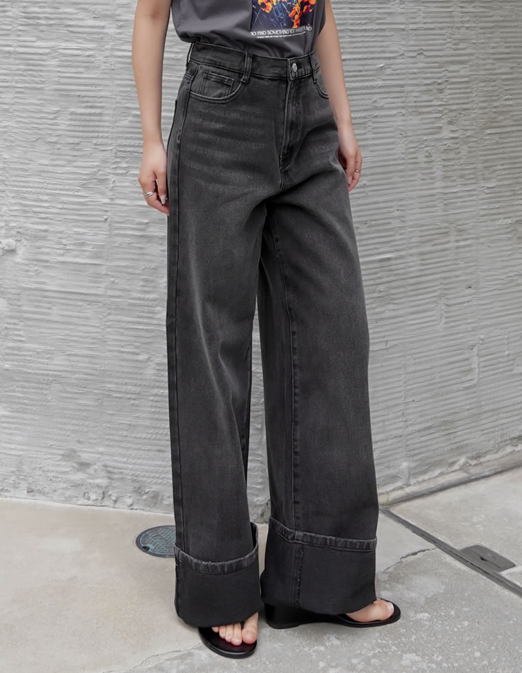 コットンロールアップワイドデニムパンツ