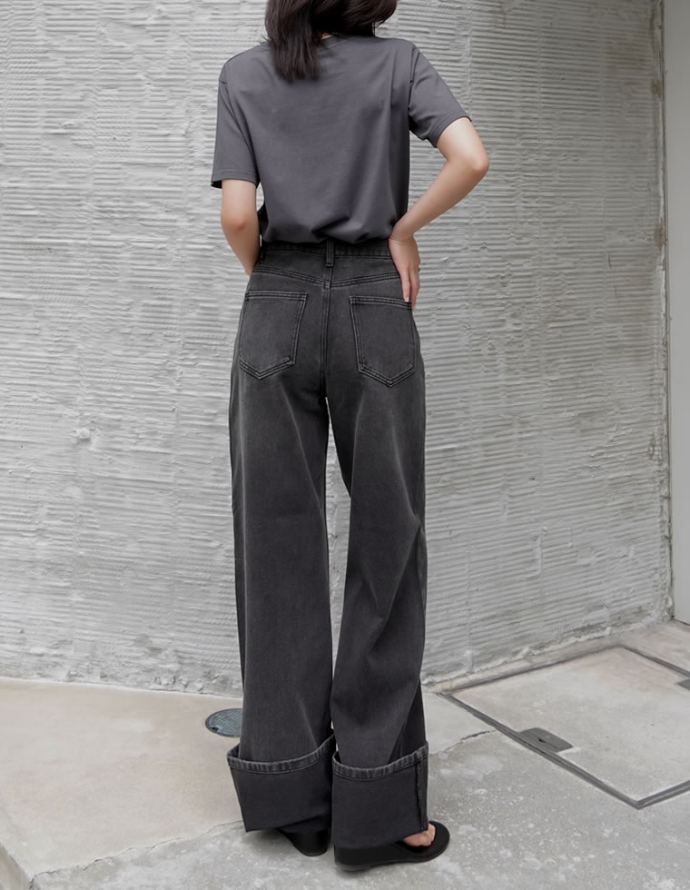 コットンロールアップワイドデニムパンツ