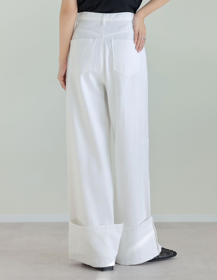 コットンロールアップワイドデニムパンツ