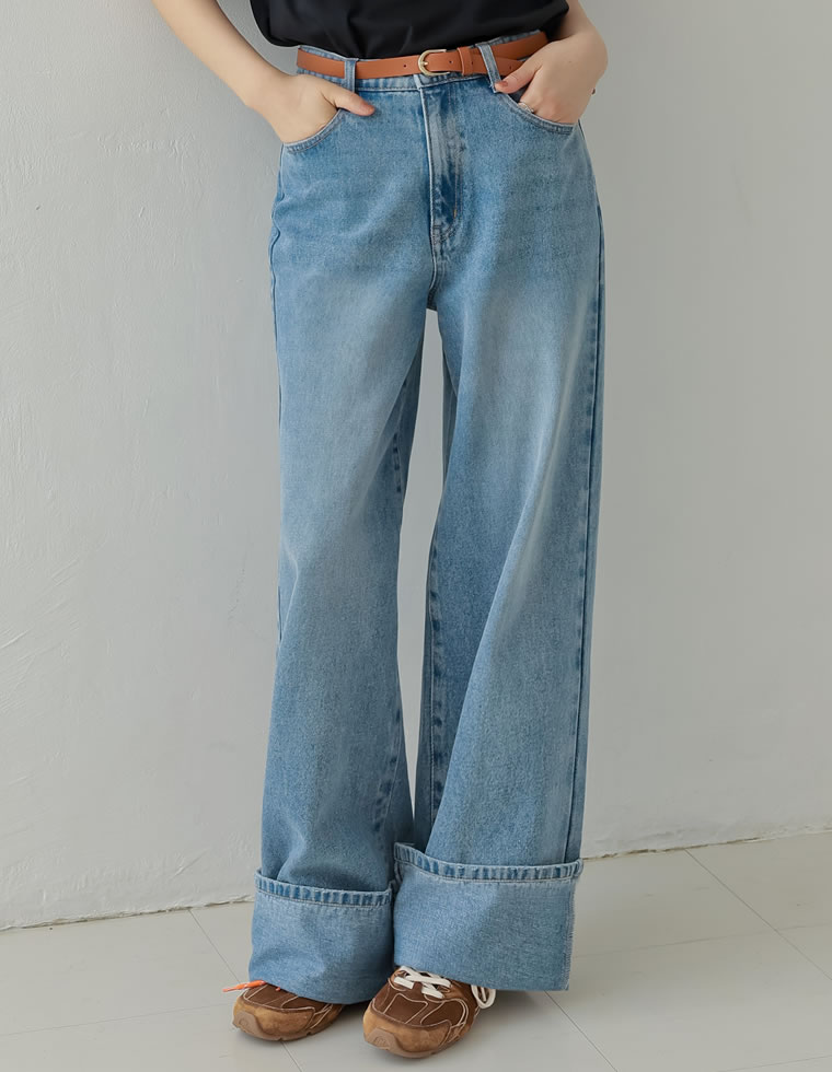 コットンロールアップワイドデニムパンツ