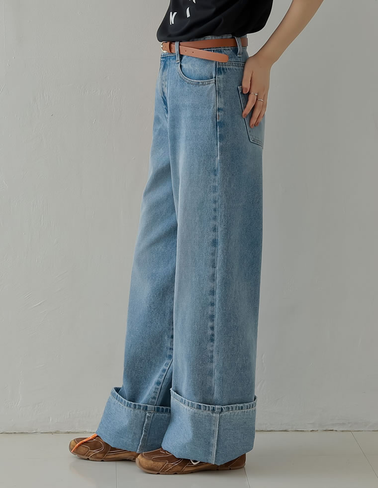 コットンロールアップワイドデニムパンツ
