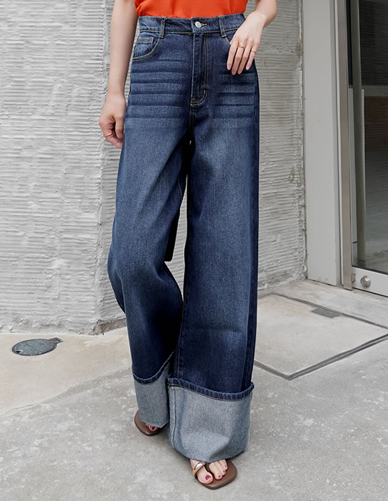 コットンロールアップワイドデニムパンツ
