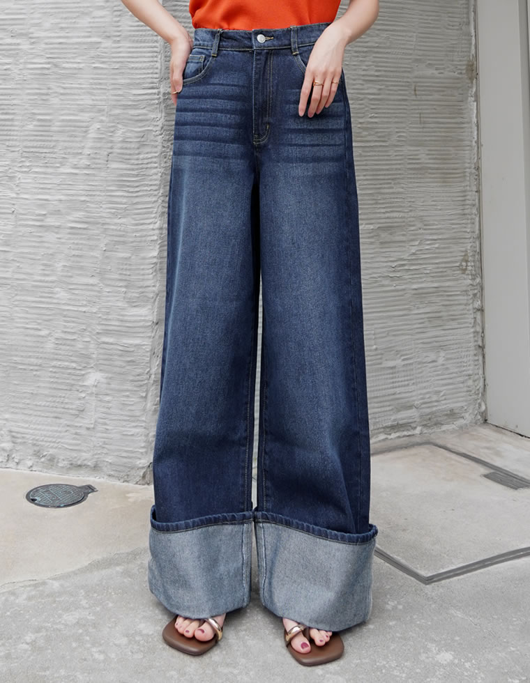コットンロールアップワイドデニムパンツ