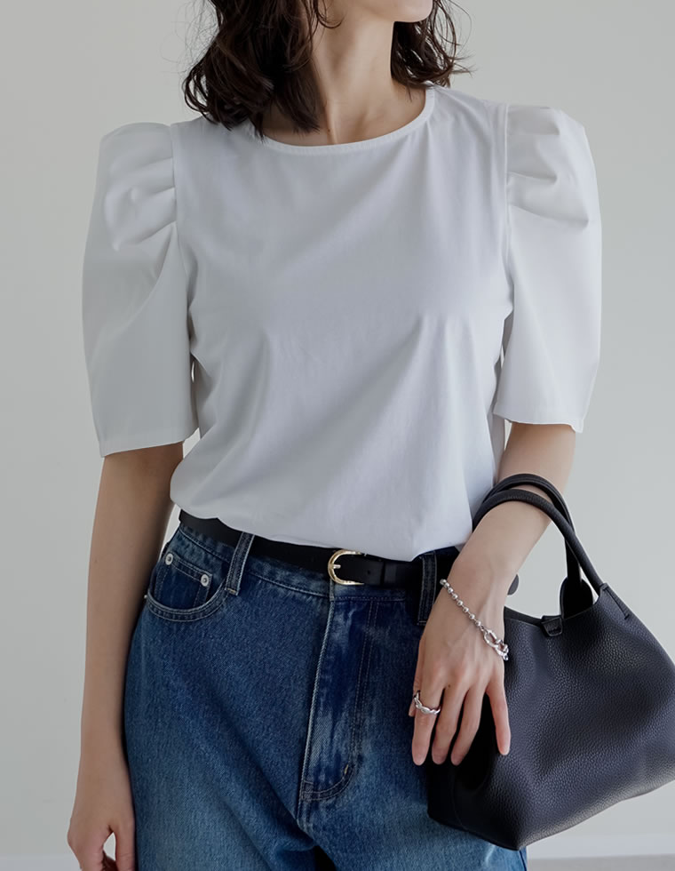 異素材切り替えタックパフ袖Tシャツ