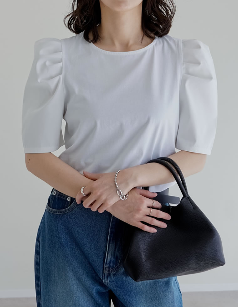 異素材切り替えタックパフ袖Tシャツ