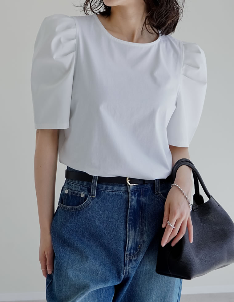 異素材切り替えタックパフ袖Tシャツ