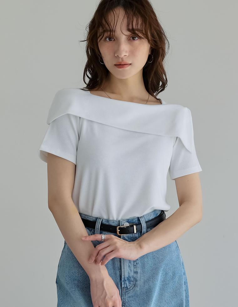 スムースリブアシンメトリーオフショルダー半袖トップス