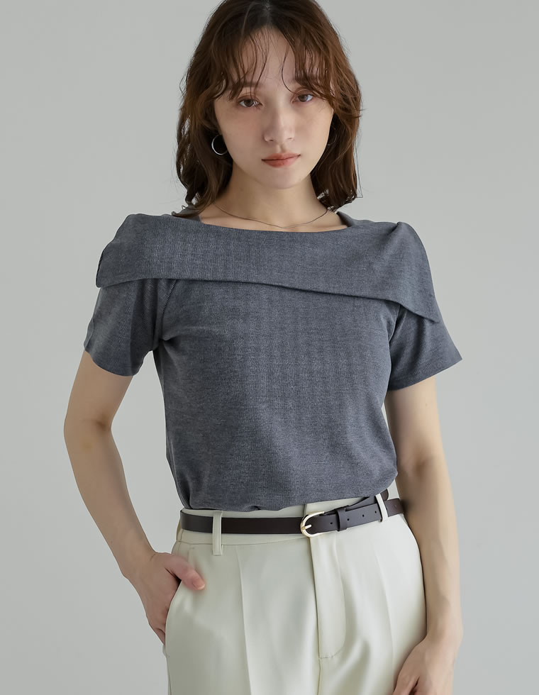 スムースリブアシンメトリーオフショルダー半袖トップス