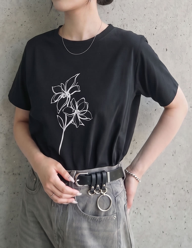 ドローイングフラワーTシャツ