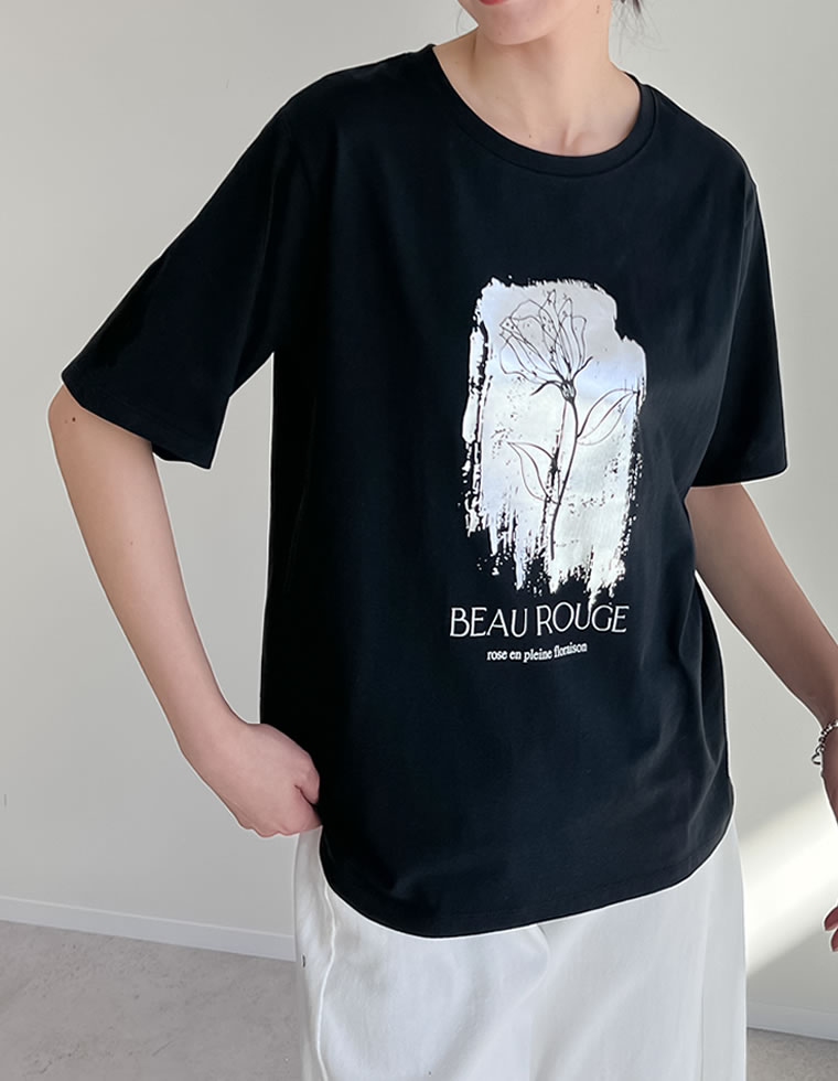 接触冷感・UV天竺箔フラワーTシャツ
