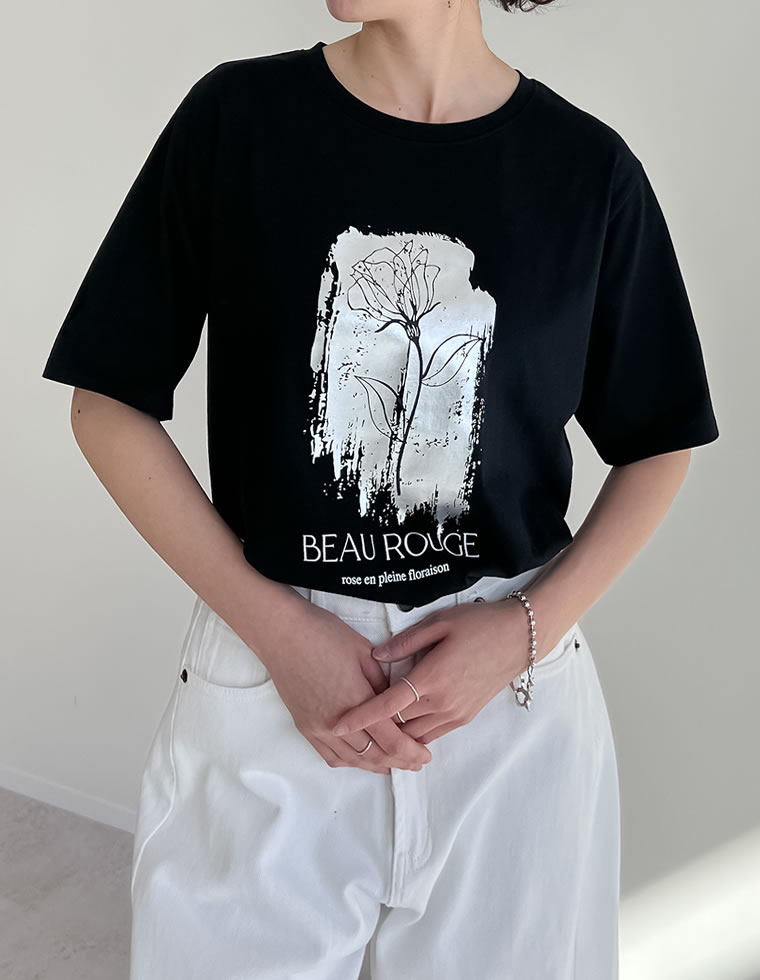 接触冷感・UV天竺箔フラワーTシャツ
