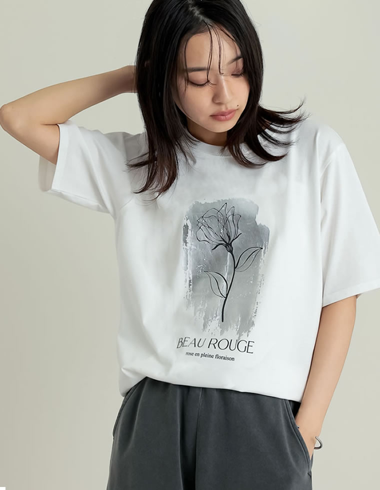 接触冷感・UV天竺箔フラワーTシャツ