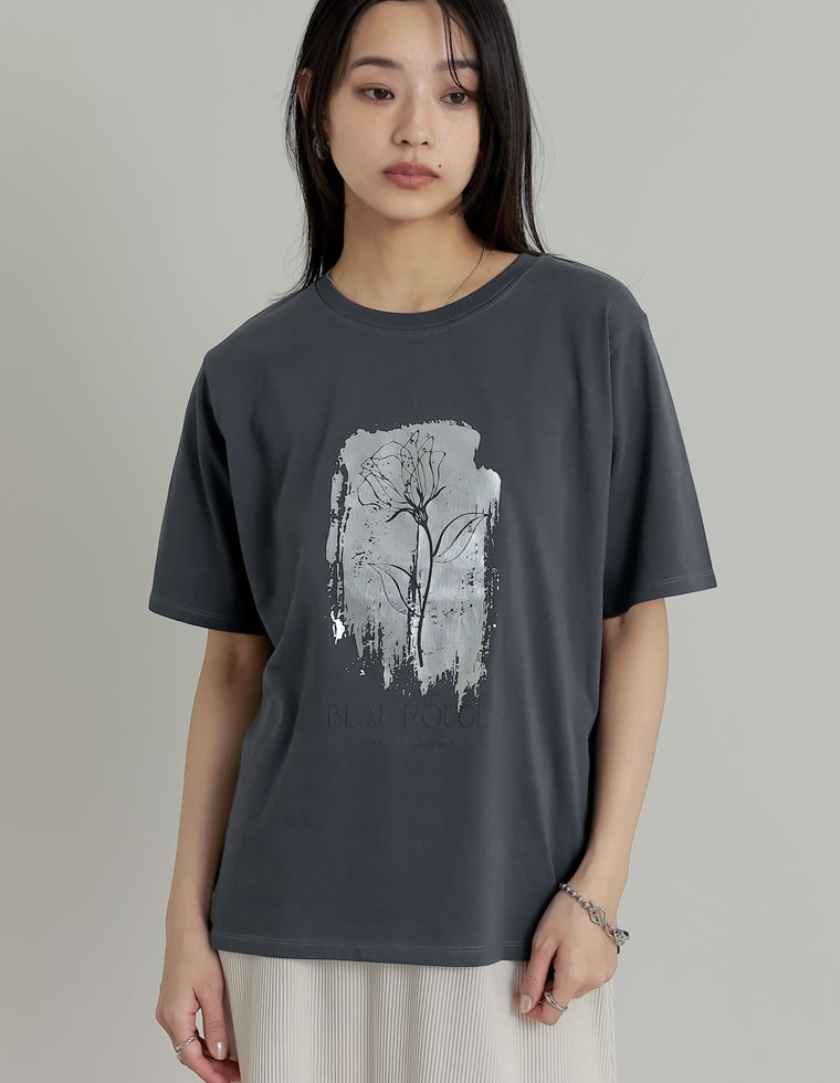 接触冷感・UV天竺箔フラワーTシャツ